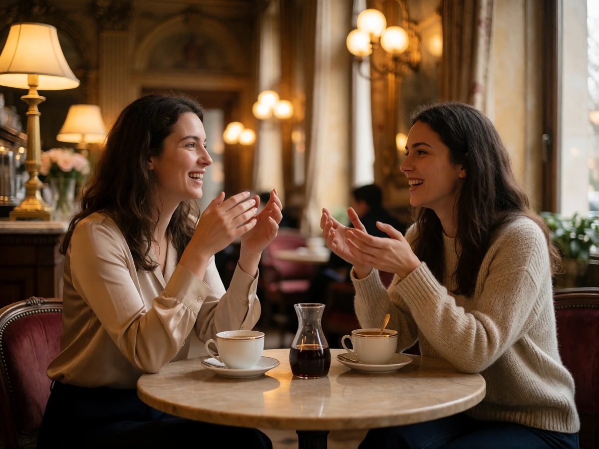 Two Hungarian women in animated conversation at a marble table inside a grand old coffee house