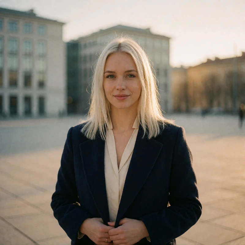 Verified Belarusian dating member with platinum-blonde hair standing on a city plaza in Minsk