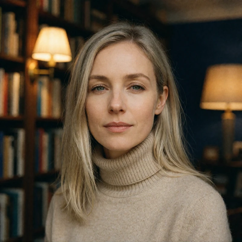 Verified Polish dating member with ash-blonde hair smiling in a warm bookshop setting