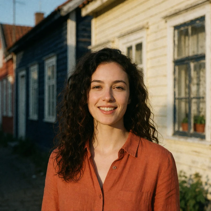Verified Bulgarian dating member with long dark curls on an old-town lane in Plovdiv