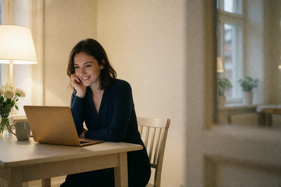 Slavic woman smiling at an open laptop during an evening video call at her kitchen table