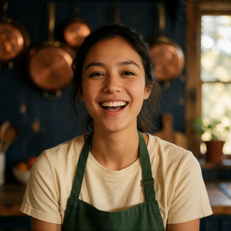 Verified Bulgarian dating member with dark hair tied back in a rustic Burgas kitchen