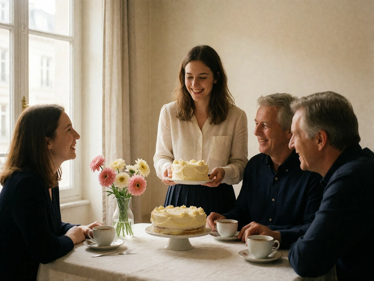 Polish family celebrating a Name Day around a dressed table with a homemade cake and a small bunch of garden flowers