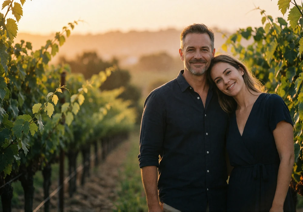 Couple in their forties standing close together among vineyard rows at sunset after meeting through Romanian dating
