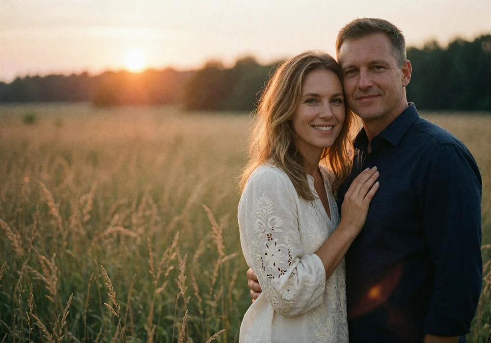Couple in their late thirties standing close together in a summer meadow at sunset after meeting through Ukrainian dating
