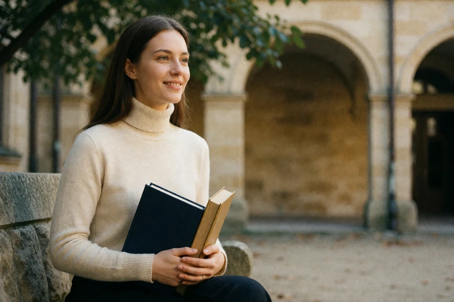 Poised Slavic woman in a cream turtleneck sitting on a stone bench in a university courtyard holding two hardcover books
