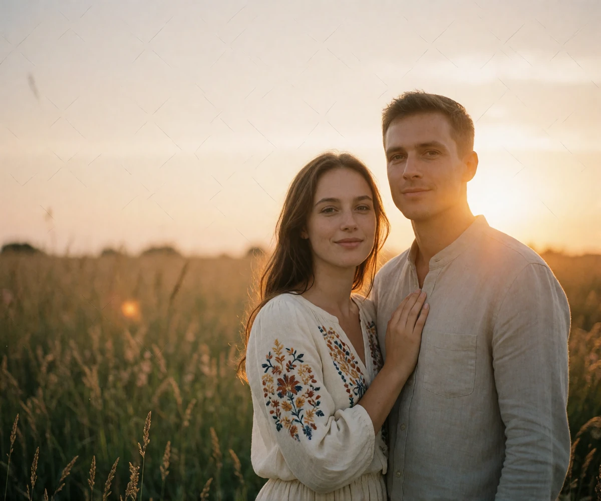 Couple embracing in an open summer meadow at sunset after meeting through Czech dating