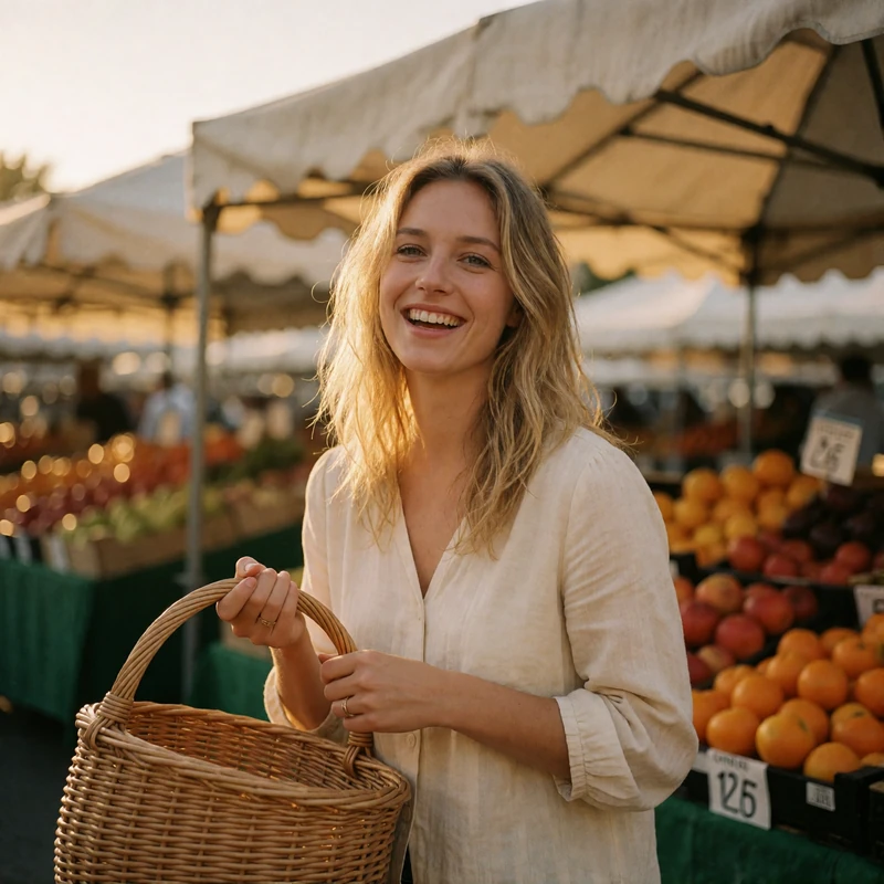 Verified Moldovan dating member with wheat-blonde hair at an outdoor produce market
