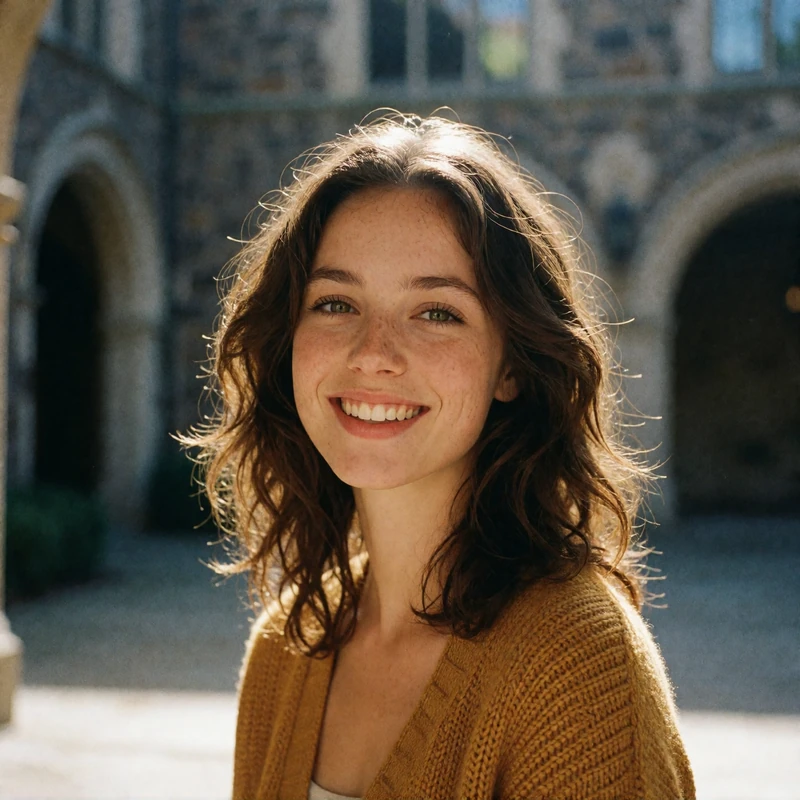 Verified Romanian dating member with wavy brunette hair laughing in a university courtyard in Cluj-Napoca