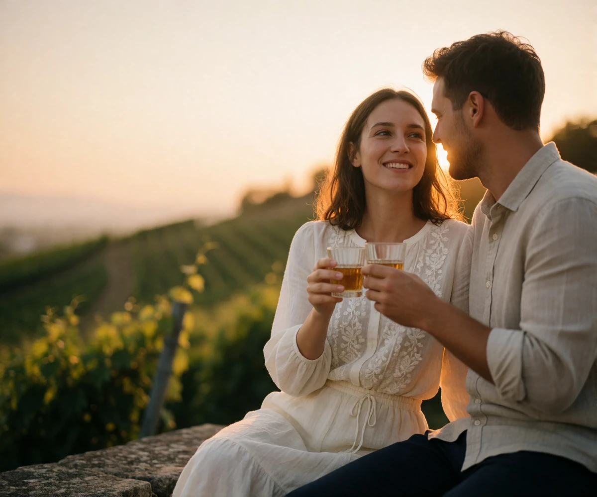 Couple raising small glasses together on a stone terrace above vineyards at sunset