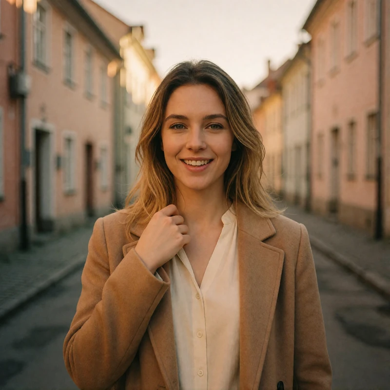 Verified Slovakian dating member with dark blonde hair standing on a quiet old-town street
