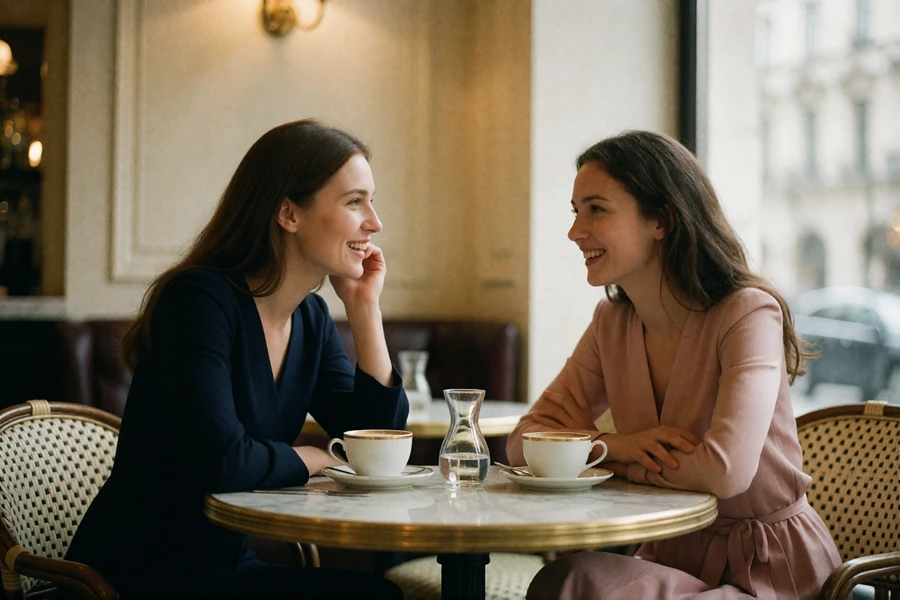 Two elegant Slavic women in conversation at a marble table in an upscale European cafe