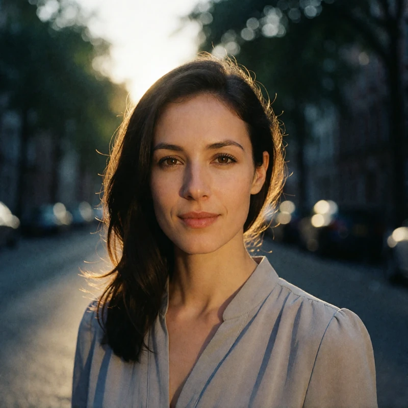 Verified Bulgarian dating member with dark hair swept to one side on a Sofia street at dusk