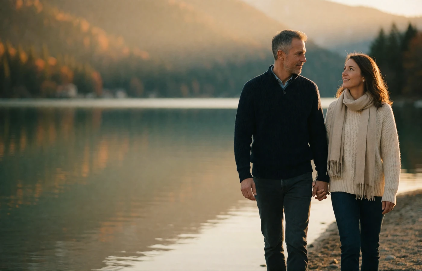 Couple in their forties walking hand in hand along a quiet mountain lakeshore at golden hour
