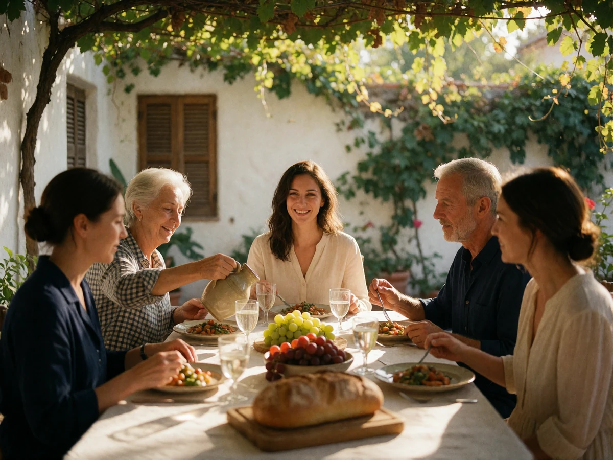 Three generations of a Romanian family sharing a lunch of bread, grapes and cheese at a long table in a vine-shaded courtyard