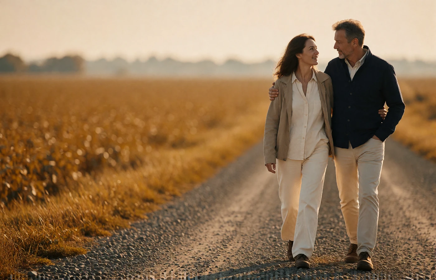 Couple in their late thirties walking along a gravel country road between open fields at golden hour