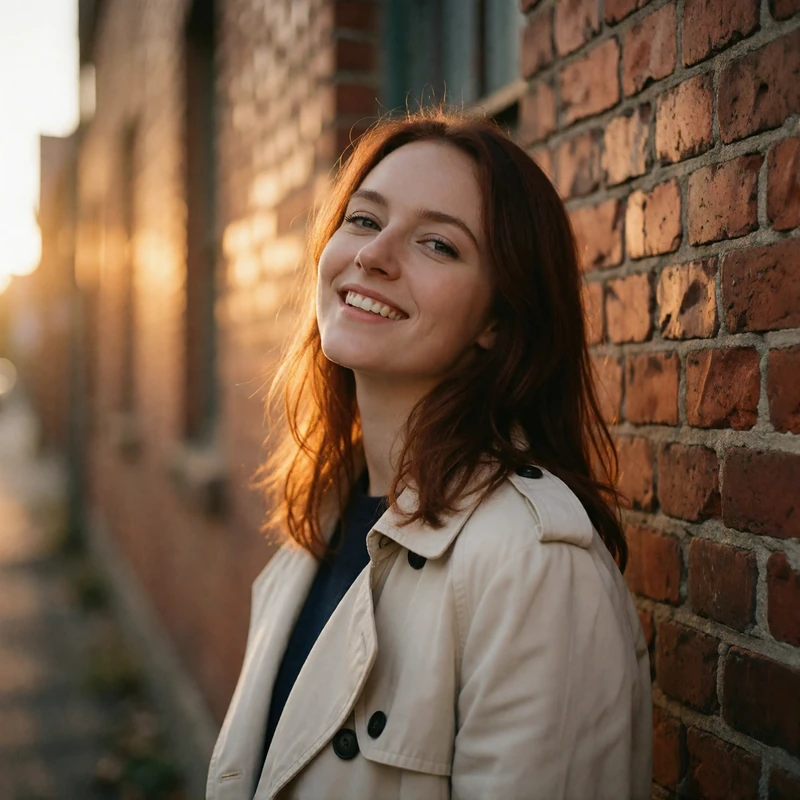 Verified Belarusian dating member with auburn hair standing beside a brick wall in Brest