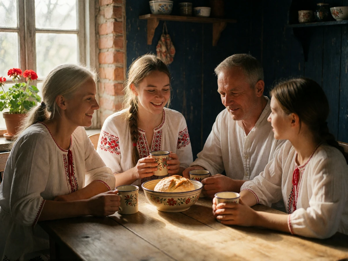 Three generations of a Ukrainian family sharing bread and tea around a wooden kitchen table in a village home