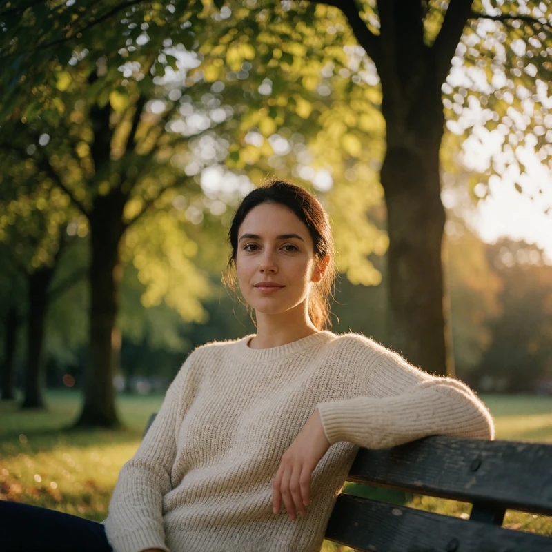 Verified Belarusian dating member with dark brown hair seated on a park bench in Gomel