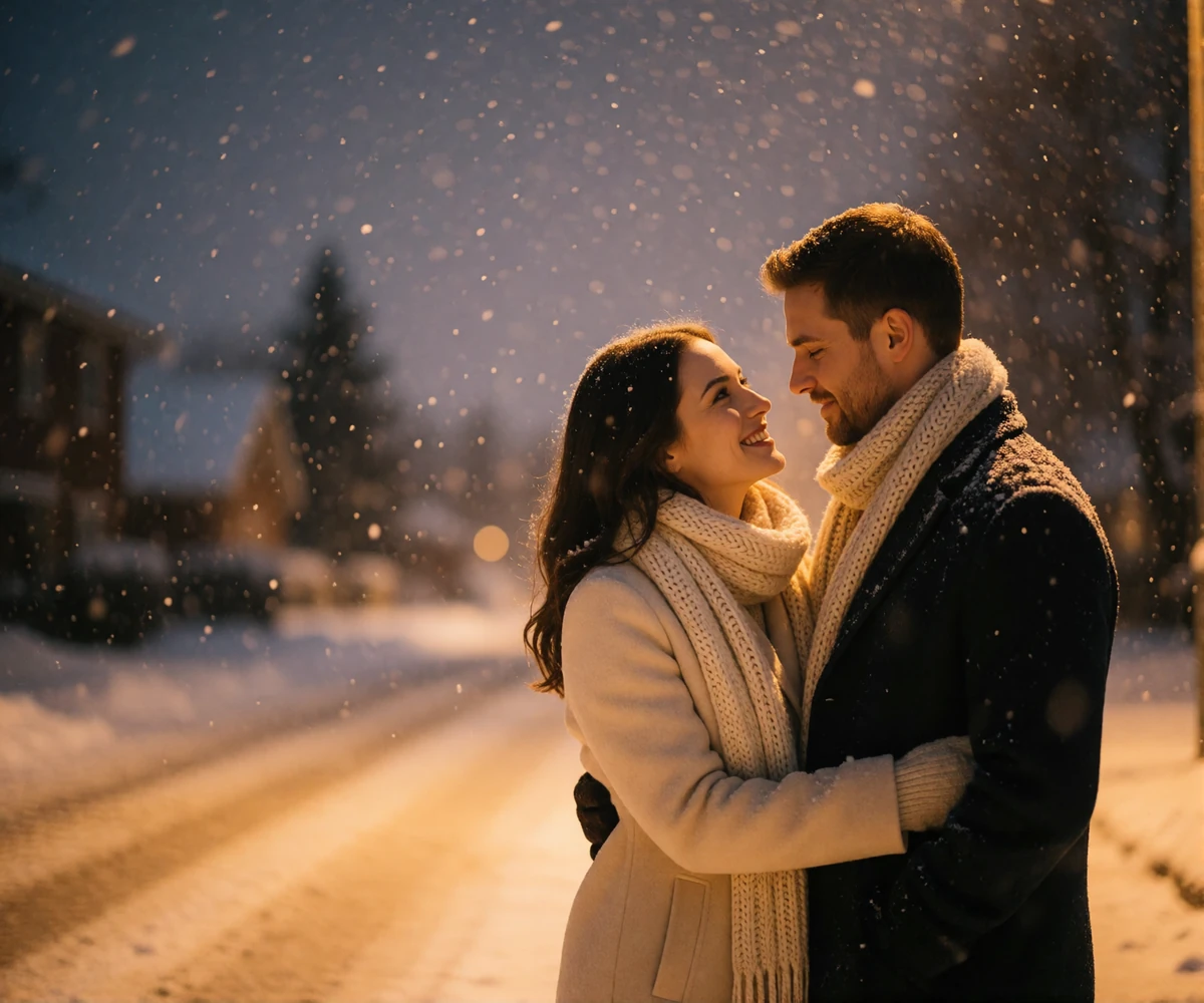 Couple standing close together on a snow-dusted street at dusk after meeting through Belarusian dating