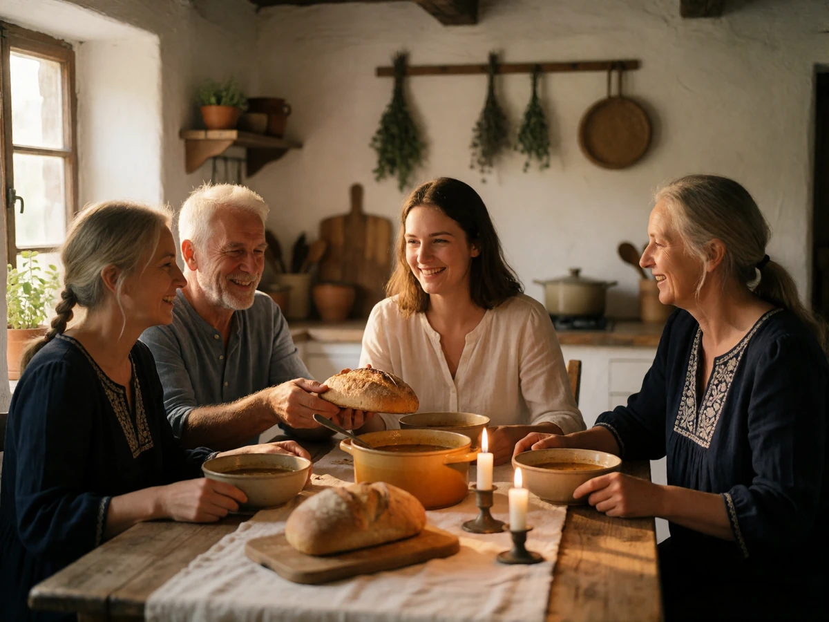 Three generations of a Czech family sharing bread and soup around a wooden table in a farmhouse kitchen