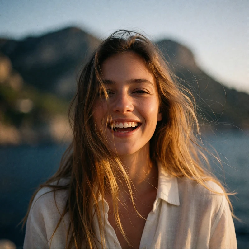 Verified Russian dating member with long light-brown hair laughing against a coastal sunset backdrop