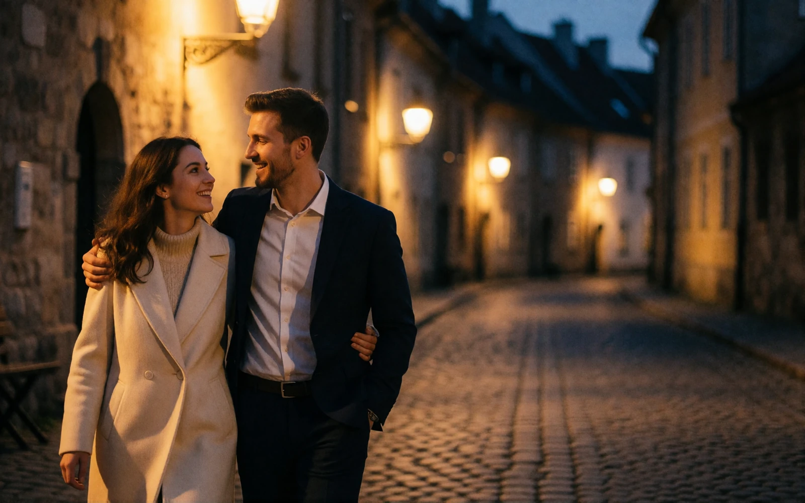Couple walking arm in arm along a cobbled old-town street at dusk under warm lamplight