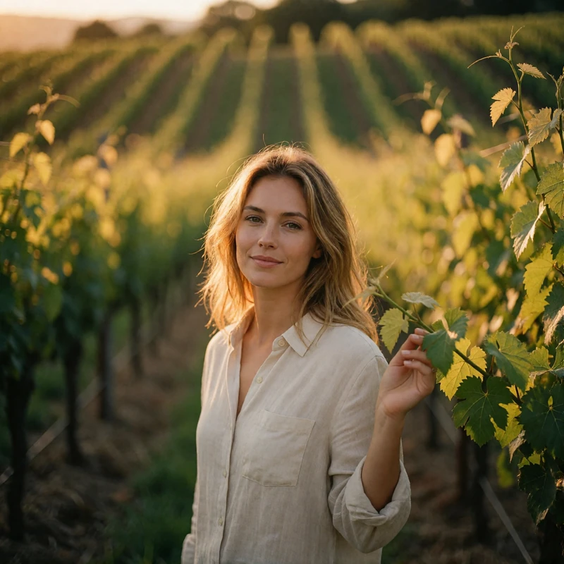 Verified Hungarian dating member with honey-blonde hair standing among vineyard rows near Debrecen