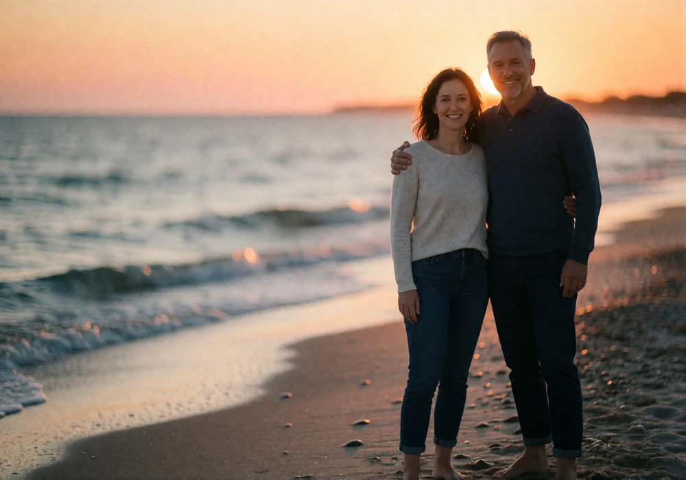 Couple in their forties standing barefoot on a quiet Bulgarian beach at sunset after meeting through Bulgarian dating