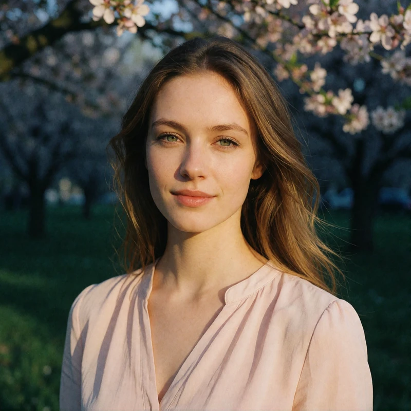 Verified Romanian dating member with light brown hair smiling gently in a flowering park in Timisoara