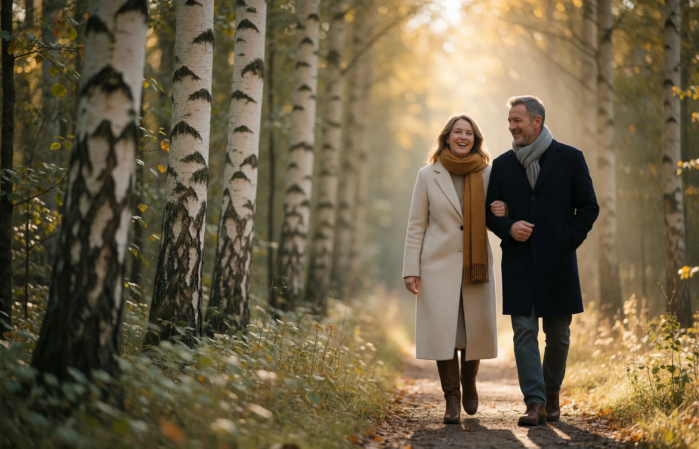 Couple in their forties walking arm in arm along a sunlit birch forest path
