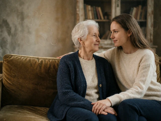 Elderly grandmother in a knitted cardigan talking with her adult granddaughter on a velvet sofa in a warm living room