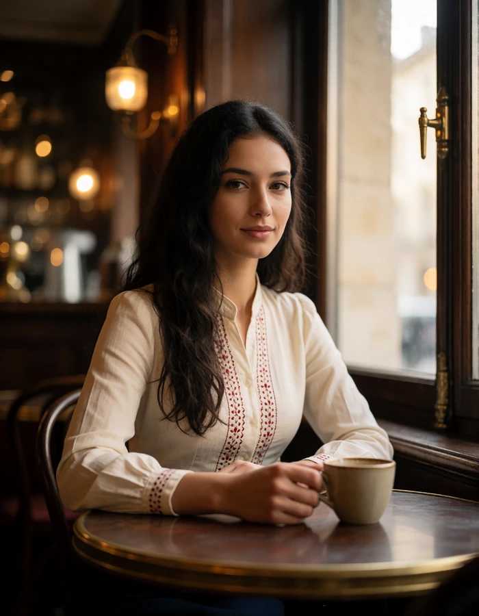 Verified Slavic dating member with long dark hair seated in an upscale European cafe