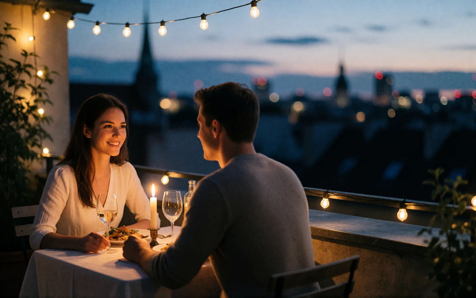 Couple sharing a candlelit dinner on a city rooftop terrace at dusk