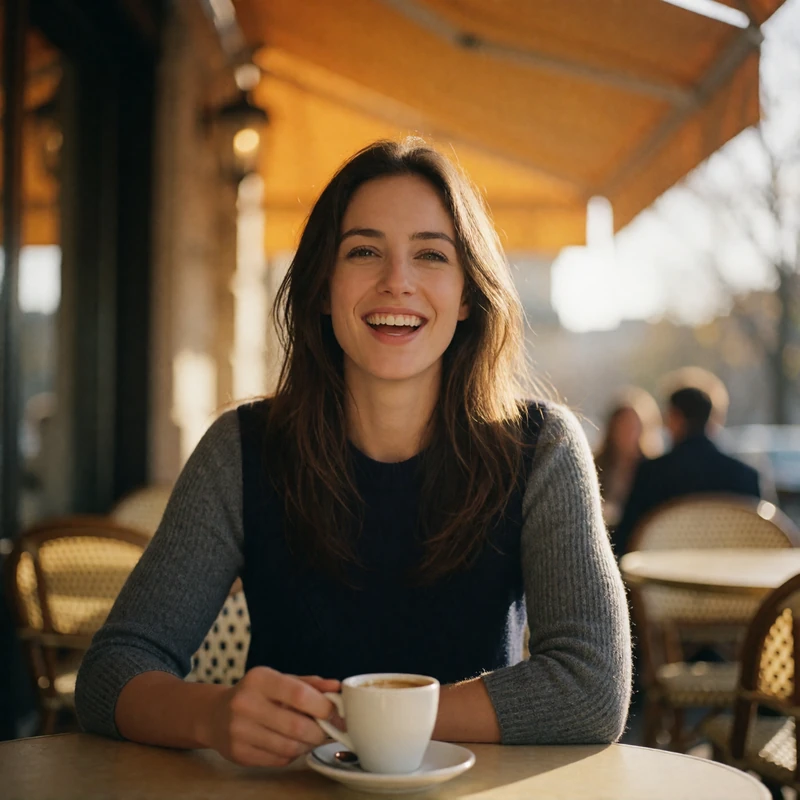 Verified Slovakian dating member with long brunette hair laughing at an outdoor cafe table