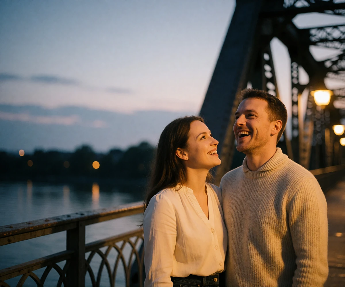 Couple standing together on an iron bridge walkway at dusk with the woman smiling up at the man