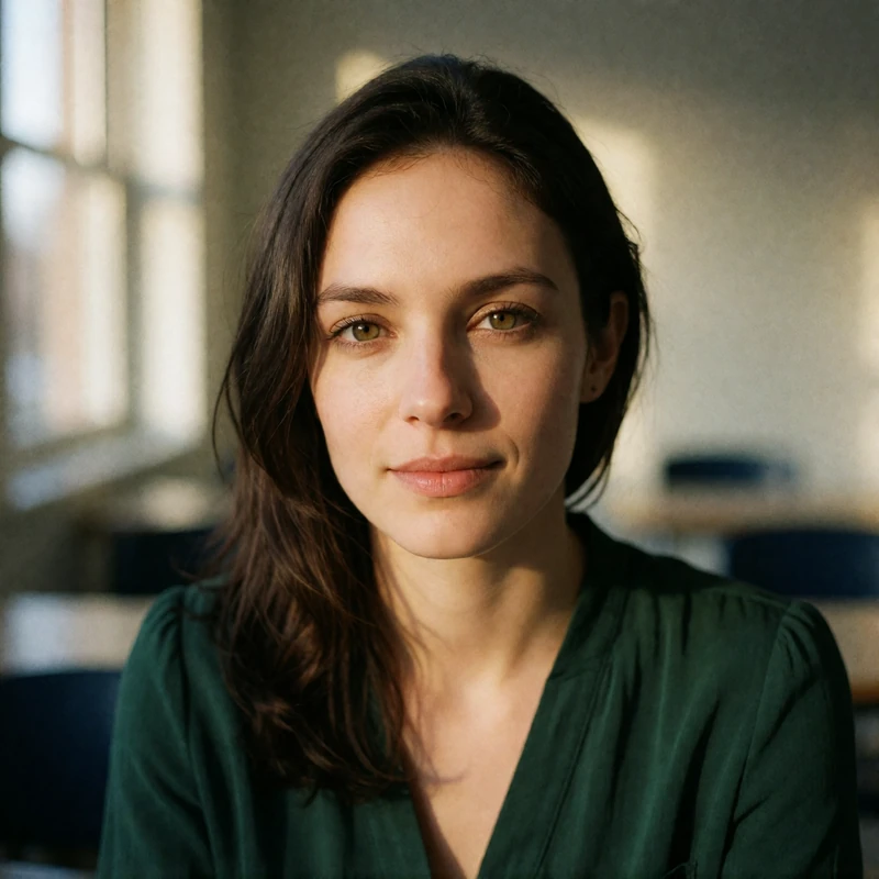 Verified Polish dating member with dark brown hair smiling near a classroom window