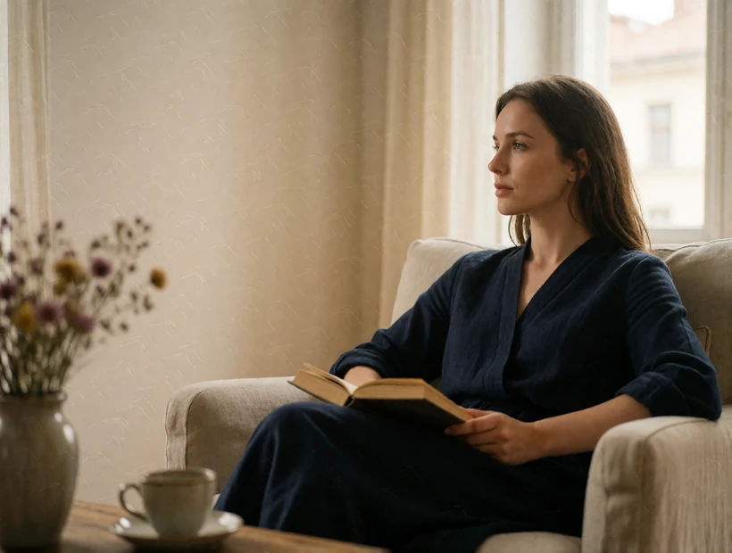 Poised Slavic woman seated in a linen armchair beside a large window, holding a book and gazing thoughtfully out of frame