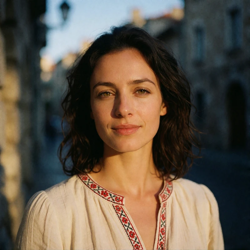 Verified Ukrainian dating member with dark wavy hair on an evening city street