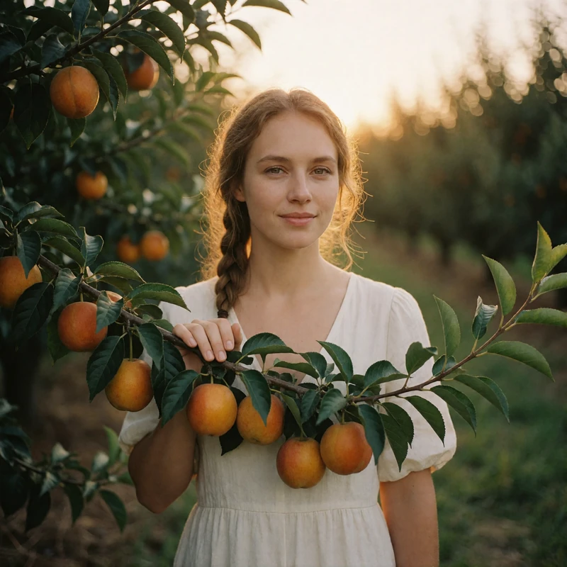 Verified Moldovan dating member with light brown braided hair in a fruit orchard