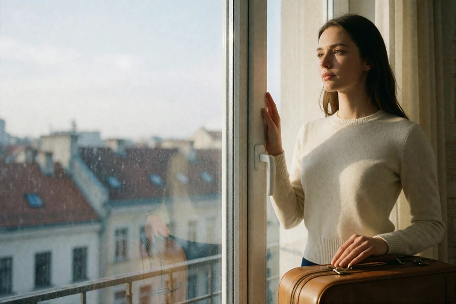 Slavic woman standing beside a suitcase by an apartment window, looking outward before relocating to the US