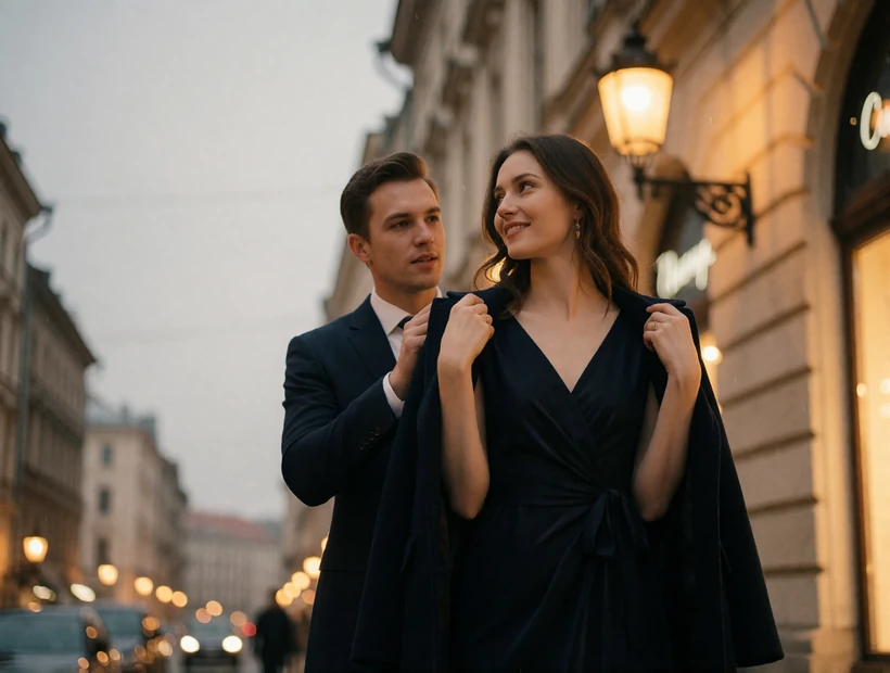 Man in a suit gently settling his overcoat around a woman's shoulders on a historic European street at dusk