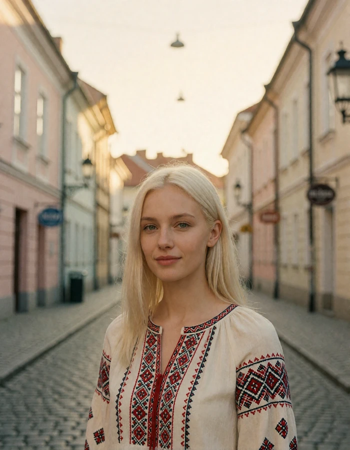 Verified Slavic dating member with platinum blonde hair on a quiet cobbled European street