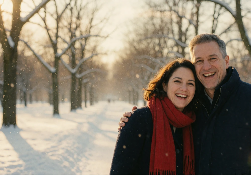 Couple in their forties laughing together on a snowy park path in winter