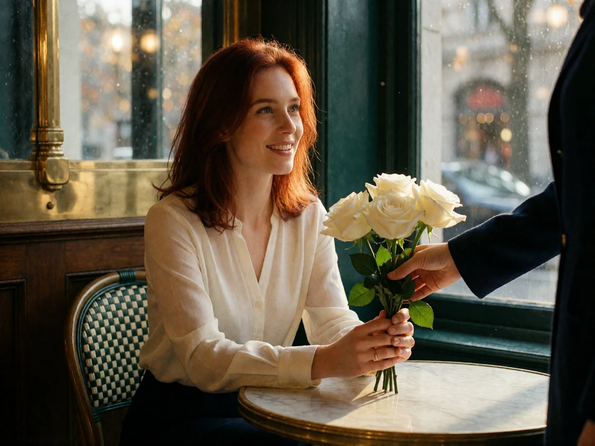 Woman with auburn hair smiling as she receives a small bouquet of white roses at a marble cafe table