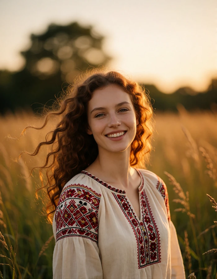 Verified Slavic dating member with auburn curls standing in a golden-hour meadow
