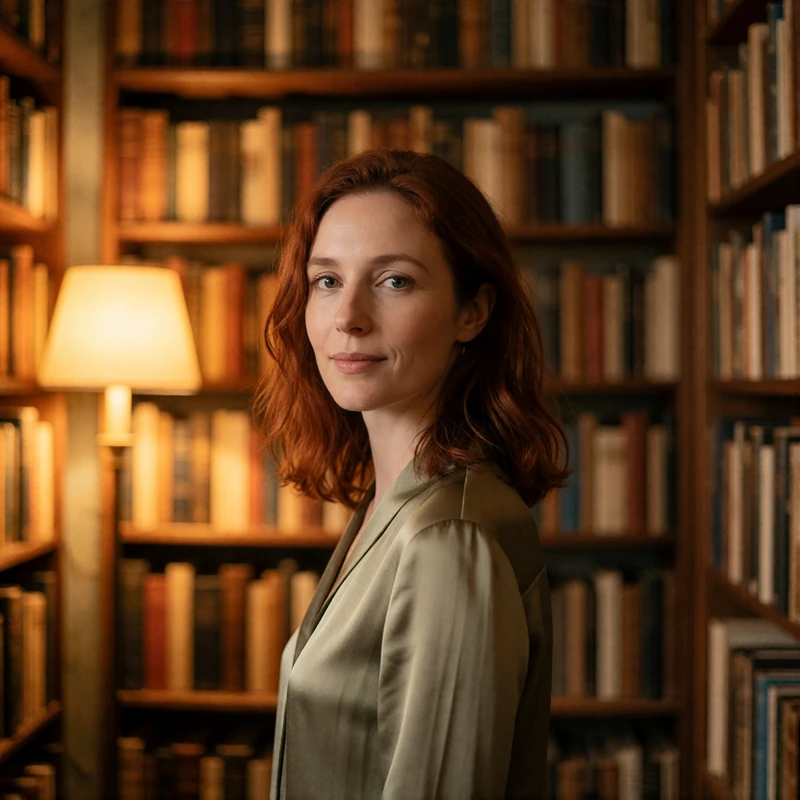 Verified Czech dating member with auburn hair among shelves in an antiquarian bookshop