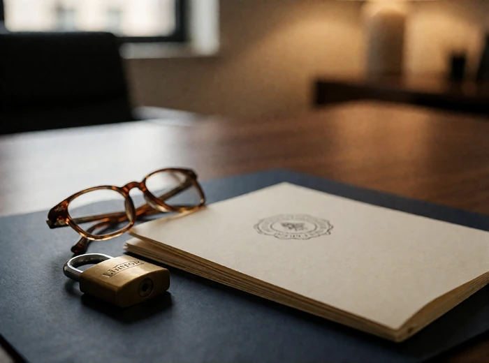 Close still-life of a brass padlock and reading glasses beside a plain folder on a dark walnut desk