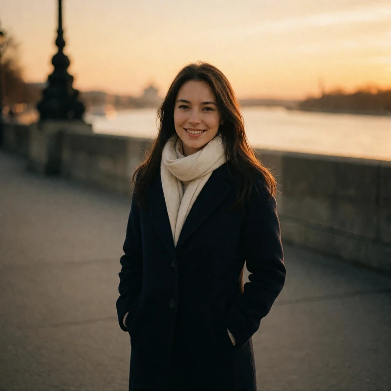 Verified Hungarian dating member with long dark hair on a riverside promenade in Budapest