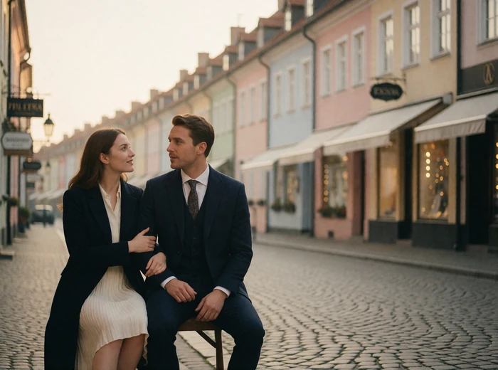 Well-dressed couple walking arm in arm along a cobbled European street lined with pastel townhouses